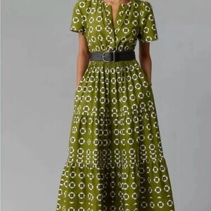 Anthropologie Olive Green Printed Short-Sleeve Tiered Maxi Dress
